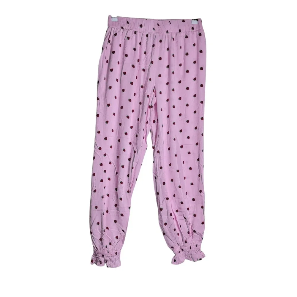 Sweet Society Pink Strawberry Pajama Set Lace Collar Ruffle Top Joggers Medium